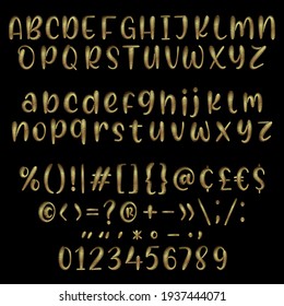 Gold embroidery alphabet, isolated on black background.