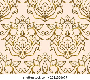 Gold embroidery with arabesques. Seamless pattern. Hand-drawn illustration. Drawing with dots.  Vector