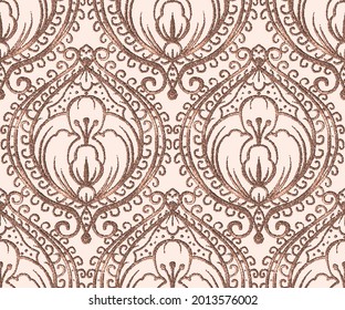 Gold embroidery with arabesques. Seamless pattern. Hand-drawn illustration.  Drawing with dots. Vector