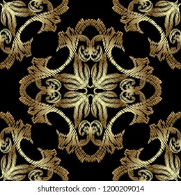Gold embroidery Baroque seamless pattern. Vector ornamental textured background. Tapestry floral Damask ornament in baroque Victorian style. Embroidered decorative design. Grunge ornate 3d texture