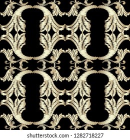 Gold embroidery Baroque seamless pattern. Vector ornamental textured background. Tapestry floral Damask  ornament in baroque Victorian style. Embroidered decorative design. Grunge endless texture