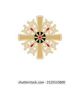 GOLD EMBROIDERY FOR LITURGICAL CLOTHES AND SACRED CEREMONIES. SACRED CATHOLIC SYMBOLS IN ANCIENT STYLE WITH GOLDEN DECORATIONS