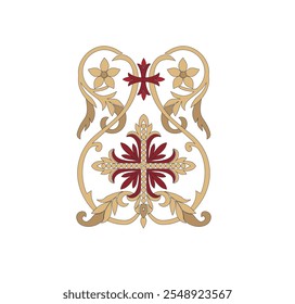 BORDADO DE OURO PARA ROUPAS LITÚRGICAS E CERIMÔNIAS SAGRADAS. SÍMBOLOS CATÓLICOS SAGRADOS EM ESTILO ANTIGO COM DECORAÇÕES DOURADAS
