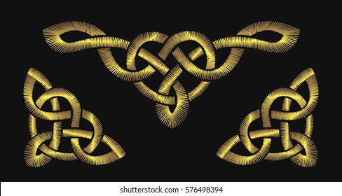 Gold embroidery on a black background. Golden Celtic knot pattern. Irish ornament patch frame vector illustration