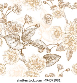 bordado dorado sobre fondo blanco. Ilustración vectorial basada en las telas chinas de lujo. Dibujo a mano de un ciruelo, flores, ramas y hojas. Vintage.