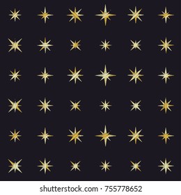 gold embroidery stars seamless pattern, sketch drawing sparkles repeating background, embroidered Christmas stars on dark