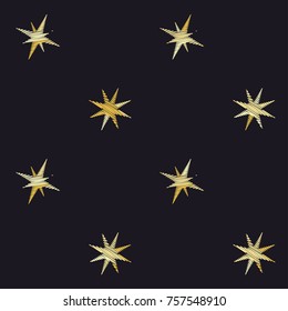 gold embroidery stars seamless pattern, sketch drawing stars repeating background illustration, embroidered 5 pointed stars sparkles. Christmas stars on dark