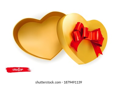 Gold empty box heart with red bow on white background. Open gift box. 3d realistic vector. Romantic holiday presents Heart shape. Vector illustration.