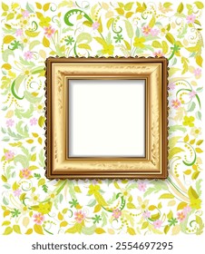 gold empty picture frame on a floral leaf pattern wallpaper wall. vintage golden square border