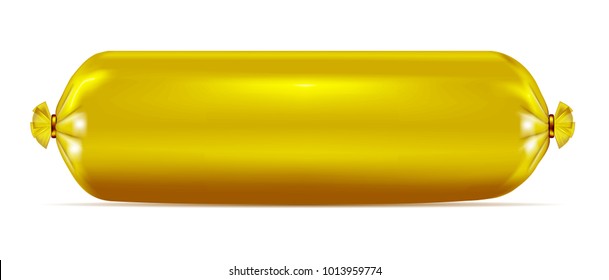 Gold empty plastic packaging for sausage and food.