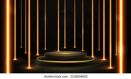 Gold empty podium floating in the air in dark scene with wall of line vertical gold neon lamps around