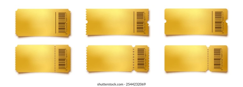 Gold empty tickets templates set. Golden vector coupon, stickers or discount tags mockups collection isolated on white background. Cinema, theater, concert, party, event, festival invitation entrance.