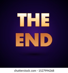 Gold The End handwritten inscription icon isolated on dark blue background. Closing movie frame. Movie ending screen.  Vector Illustration
