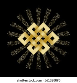 Gold endless knot with beam of light on black background. Buddhism symbol.