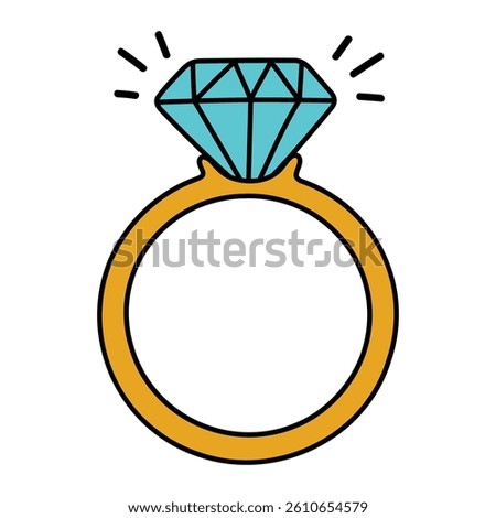 Gold engagement ring with blue diamond vector illustration. Hand-drawn doodle style jewel icon for wedding, love, luxury or proposal design.