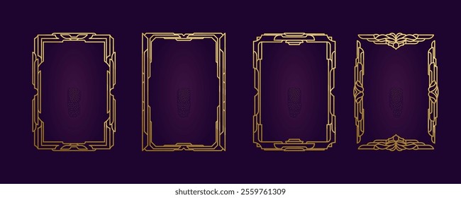 Gold engraved frame in steampunk style. Blank frame template in A4 format. Decorative art, art deco, heraldry, jewelry, abstract geometry, ornamental border, outline pattern, printable, vector set.