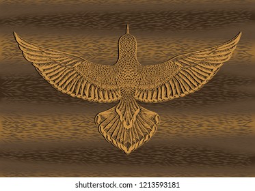 Gold engraving dove on the animal background. Striped background with hand drawn pigeon.To be use for material design.Sketch for print t shirt.Wood texture.Feathers pattern. Fabric design.Tattoo art