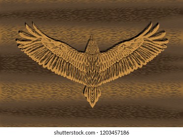 Gold engraving hawk on the animal background.Striped background with hand drawn eagle.To be use for material design.Sketch for print t shirt.Wood texture.Wool pattern.