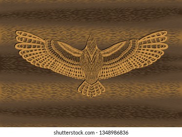 Gold engraving hawk on the animal background. Striped background with hand drawn eagle. To be use for material design. Sketch for print t shirt.Wood texture.