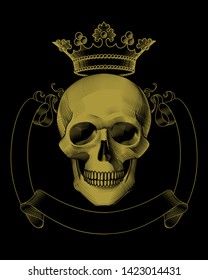 Gold engraving human death skull in crown. Gothic coat of arms with skull with crown. Tattoo design element. Vector illustration 