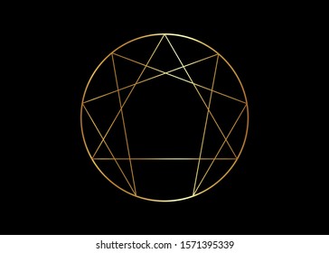 Gold Enneagram icon, sacred geometry, golden vector illustration isolated on black background 