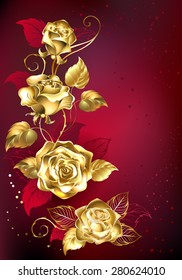 Gold entwined roses on red textural background. svg
