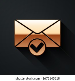 Gold Envelope and check mark icon isolated on black background. Successful e-mail delivery, email delivery confirmation. Long shadow style. Vector Illustration