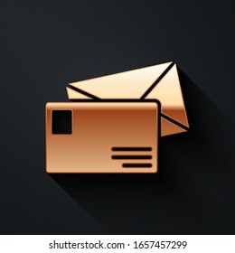 Gold Envelope icon isolated on black background. Email message letter symbol. Long shadow style. Vector Illustration