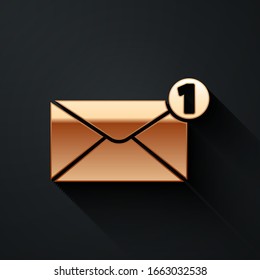 Gold Envelope icon isolated on black background. Received message concept. New, email incoming message, sms. Mail delivery service. Long shadow style. Vector Illustration