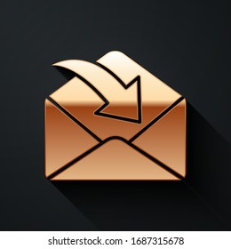 Gold Envelope icon isolated on black background. Received message concept. New, email incoming message, sms. Mail delivery service. Long shadow style. Vector Illustration