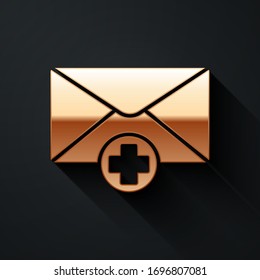 Gold Envelope icon isolated on black background. Received message concept. New, email incoming message, sms. Mail delivery service. Long shadow style. Vector Illustration