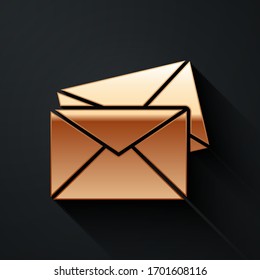 Gold Envelope icon isolated on black background. Email message letter symbol. Long shadow style. Vector Illustration