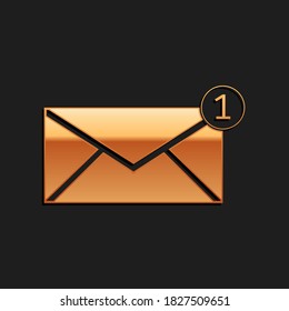 Icono sobre dorado aislado en fondo negro. Concepto de mensaje recibido. Nuevo mensaje entrante por correo electrónico, sms. Servicio de envío de correo. Estilo de sombra larga. Vector.