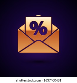Gold Envelope with an interest discount from the store icon isolated on dark blue background.  Vector Illustration