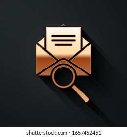 Gold Envelope mail with magnifying glass icon isolated on black background. Long shadow style. Vector Illustration