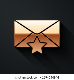 Gold Envelope with star icon isolated on black background. Important email, add to favourite icon. Starred message mail. Long shadow style. Vector Illustration