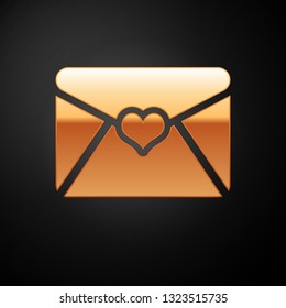 Gold Envelope with Valentine heart icon isolated on black background. Letter love and romance. Vector Illustration