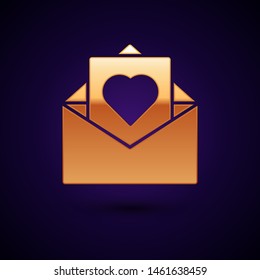Gold Envelope with Valentine heart icon isolated on dark blue background. Message love. Letter love and romance.  Vector Illustration