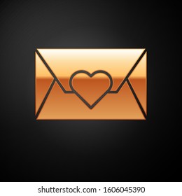 Gold Envelope with Valentine heart icon isolated on black background. Message love. Letter love and romance.  Vector Illustration