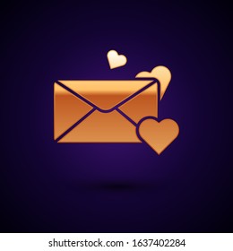 Gold Envelope with Valentine heart icon isolated on dark blue background. Message love. Letter love and romance.  Vector Illustration