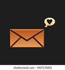 Gold Envelope with Valentine heart icon isolated on black background. Message love. Letter love and romance. Long shadow style. Vector.
