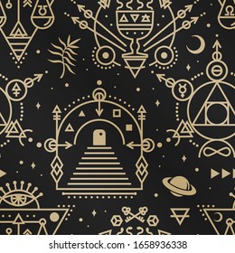 Gold esoteric seamless pattern, background. Vector. Thin line geometric pattern. Outline texture for alchemy or sacred geometry. Mystic magic design with philosopher stone, gate to another world