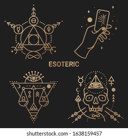 Gold esoteric symbols. Vector illustration. Thin line geometric badge. Outline icon for alchemy or sacred geometry. Mystic and magic design with philosopher stone, hand, skull and law scale.