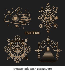 Gold esoteric symbols. Vector illustration. Thin line geometric badge. Outline icon for alchemy or sacred geometry. Mystic, magic design with all-seeing eye, hand, star, gate to another world, moon