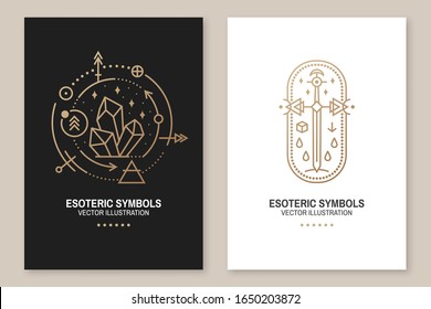 Gold esoteric symbols. Vector illustration. Thin line geometric badge. Outline icon for alchemy or sacred geometry. Mystic and magic design with crystals, sun, star, old sword and moon