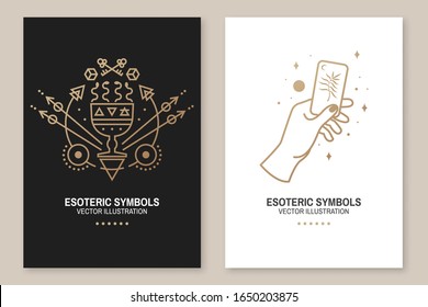 Gold esoteric symbols. Vector illustration. Thin line geometric badge. Outline icon for alchemy or sacred geometry. Mystic and magic design with hand, cup with snakes and and moon