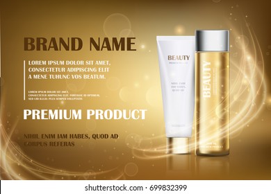 Gold essence, golden translucent bottle hair oil with white cosmetic tube design on a gold shiny background with bokeh and lighting flare effect