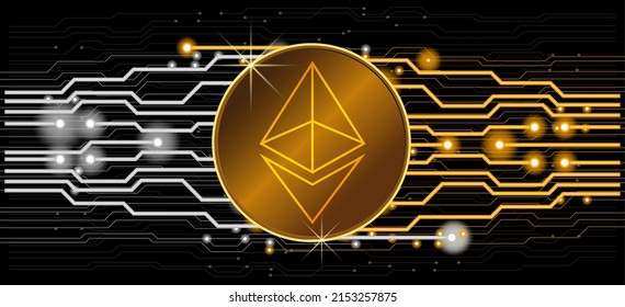 Gold Ethereum cryptocurrency banner with computer circuit and network connections. Virtual money and Ethereum virtual currency. Ethereum and blockchain illustration. Ethereum mining and trading
