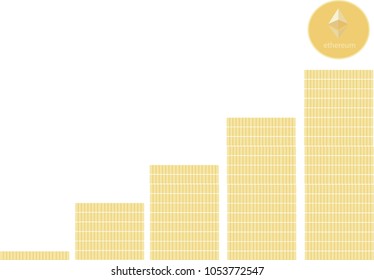 Gold ethereum (electronic money,blockchain) coin stacks grown up vector (Illustration) photo.