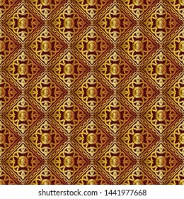 Gold. Ethnic boho seamless pattern. Lace. Embroidery on fabric. Patchwork texture. Weaving. Traditional ornament. Tribal pattern. Folk motif. Can be used for wallpaper, textile, wrapping, web.